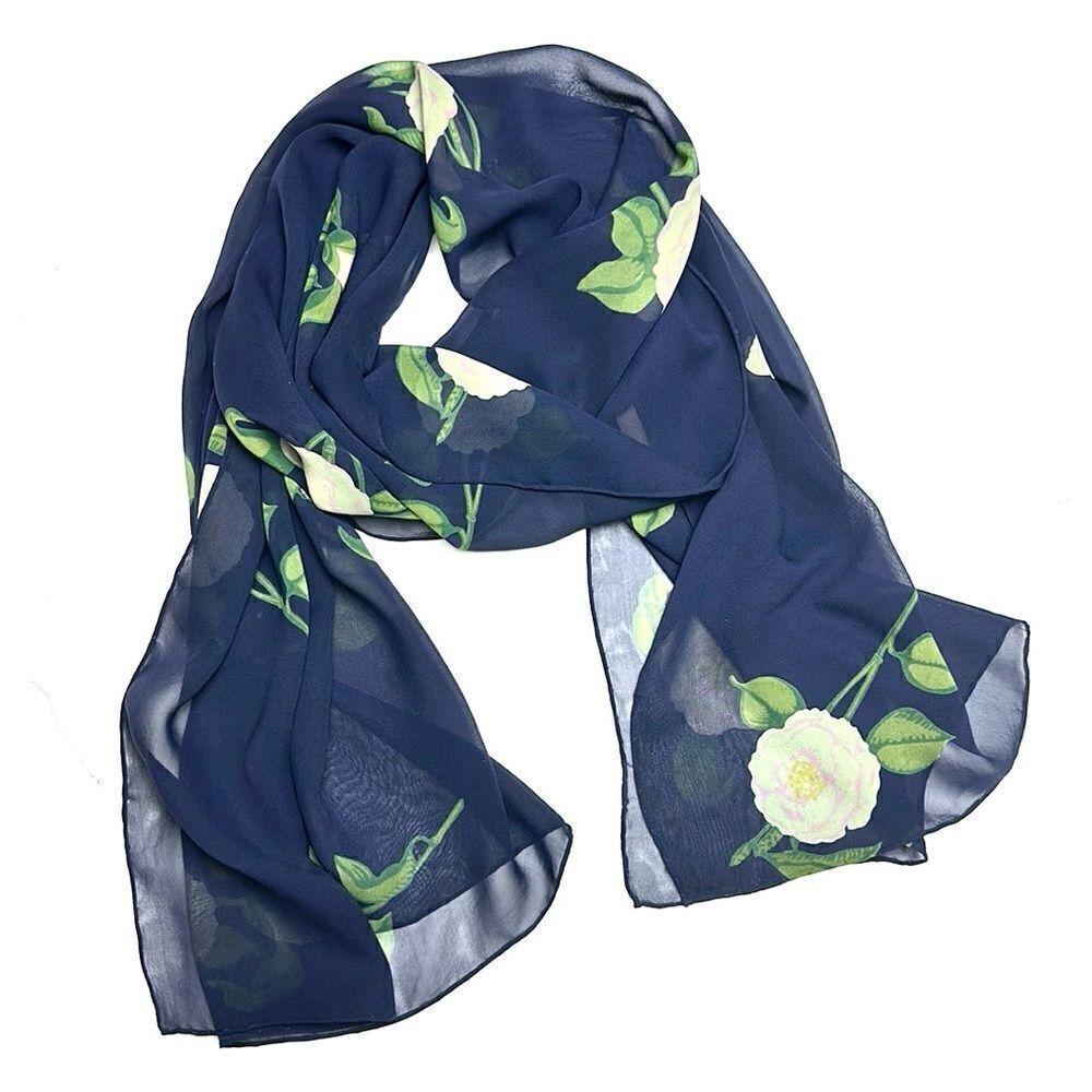 Zazou Luxe Oblong Silk Chiffon Scarf Navy Blue Floral Roses Hand Rolled